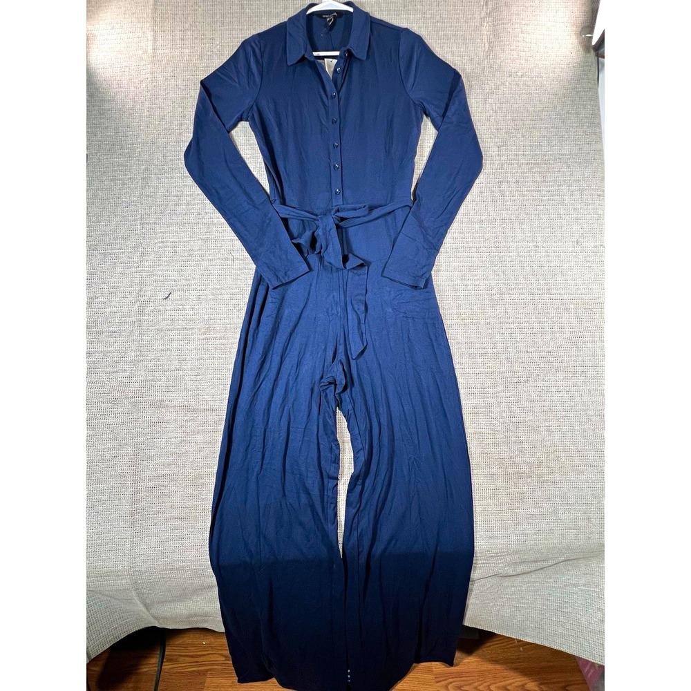 Long Tall Sally Womens Jumpsuit Size 6 Navy Jersey Belted Button Collared